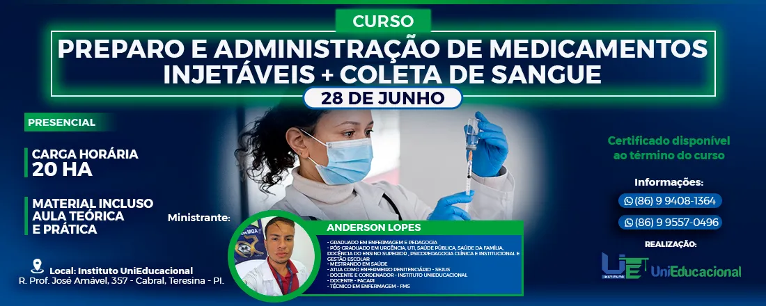 CURSO PREPARO E ADMINISTRAÇÃO DE MEDICAMENTOS INJETÁVEIS + COLETA DE SANGUE