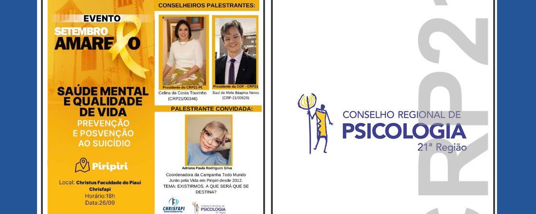 SETEMBRO AMARELO - Palestra: Saúde Mental e Qualidade de Vida. Prevenção e Posvenção ao Suicídio.