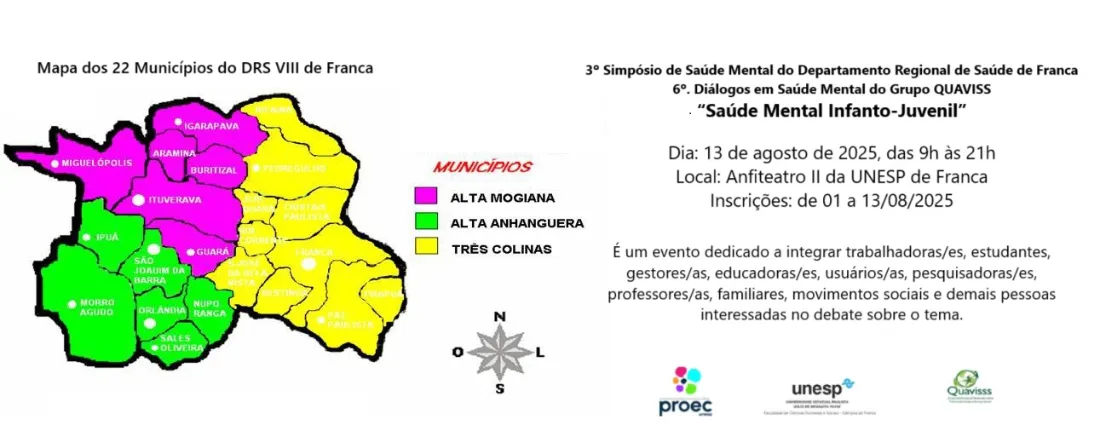 3º Simpósio de Saúde Mental do Departamento Regional de Saúde de Franca – DRS VIII e  6º. Diálogos em Saúde Mental do Grupo de Estudos e Pesquisas sobre Política de Saúde e Serviço Social – QUAVISS da UNESP de Franca - “Saúde Mental Infanto-Juvenil”