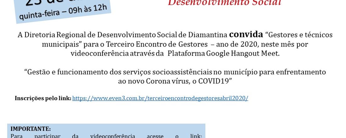 Terceiro Encontro de Gestores com a Diretoria Regional de Desenvolvimento Social de Diamantina -SEDESE