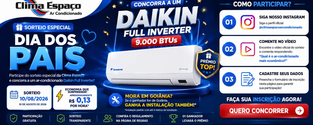 Sorteio Ar condicionado Full Inverter Daikin 9000 BTUs Dia dos Pais