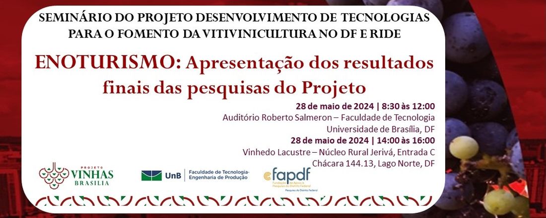 SEMINÁRIO DO PROJETO DESENVOLVIMENTO DE TECNOLOGIAS PARA O FOMENTO DA VITIVINICULTURA NO DF E RIDE: ENOTURISMO - Apresentação dos resultados finais do Projeto