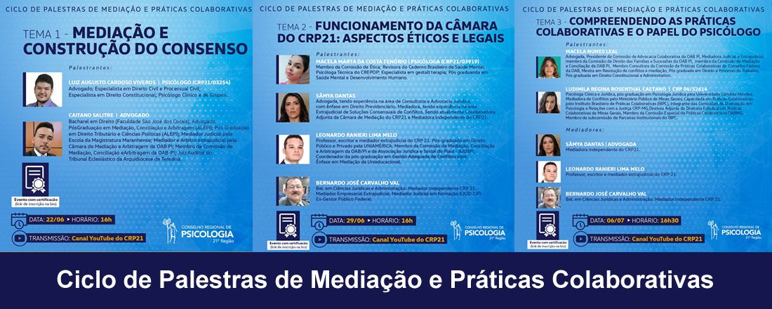 Ciclo de Palestras de Mediação e Práticas Colaborativas.